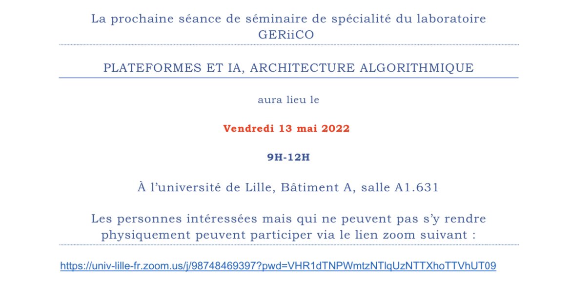 thibo_grison's tweet photo. Ce matin, pour vous réveiller en douceur vous pouvez [après avoir écouté le nouvel album de Florence and the machine et après un grand bol de café] vous connecter sur le lien suivant : https://t.co/pTFTSeh0Di 

Séminaire  @GERiiCO « Plateformes et IA, architecture algorithmique » https://t.co/HmKUNR6yMP