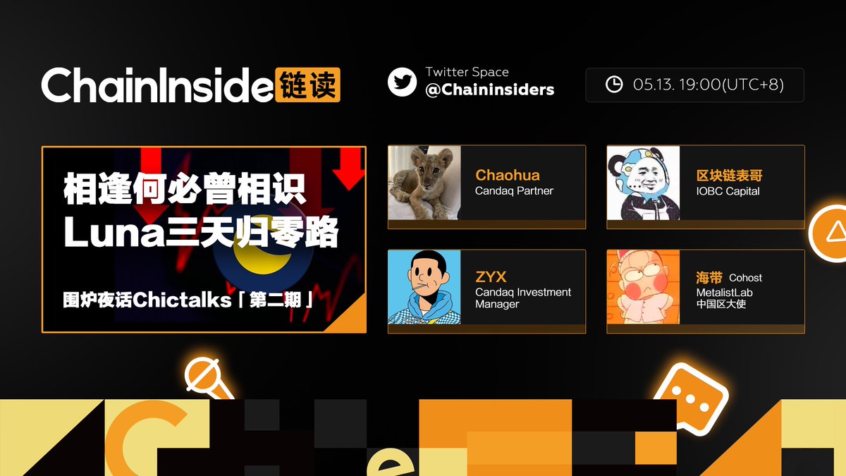 ChainInside链读Chictalks围炉夜话第二期:相逢何必曾相识 Luna三天归零路，我们邀请了<a href="/ZyxArthur/">ArthurYao.AI</a> @yiyun_dan @Metacousin <a href="/0xhaidai/">0xhaidai</a> 一起共话Luna后市及行业更多的可能性，北京时间晚七点，不见不散x.com/i/spaces/1vAxR…