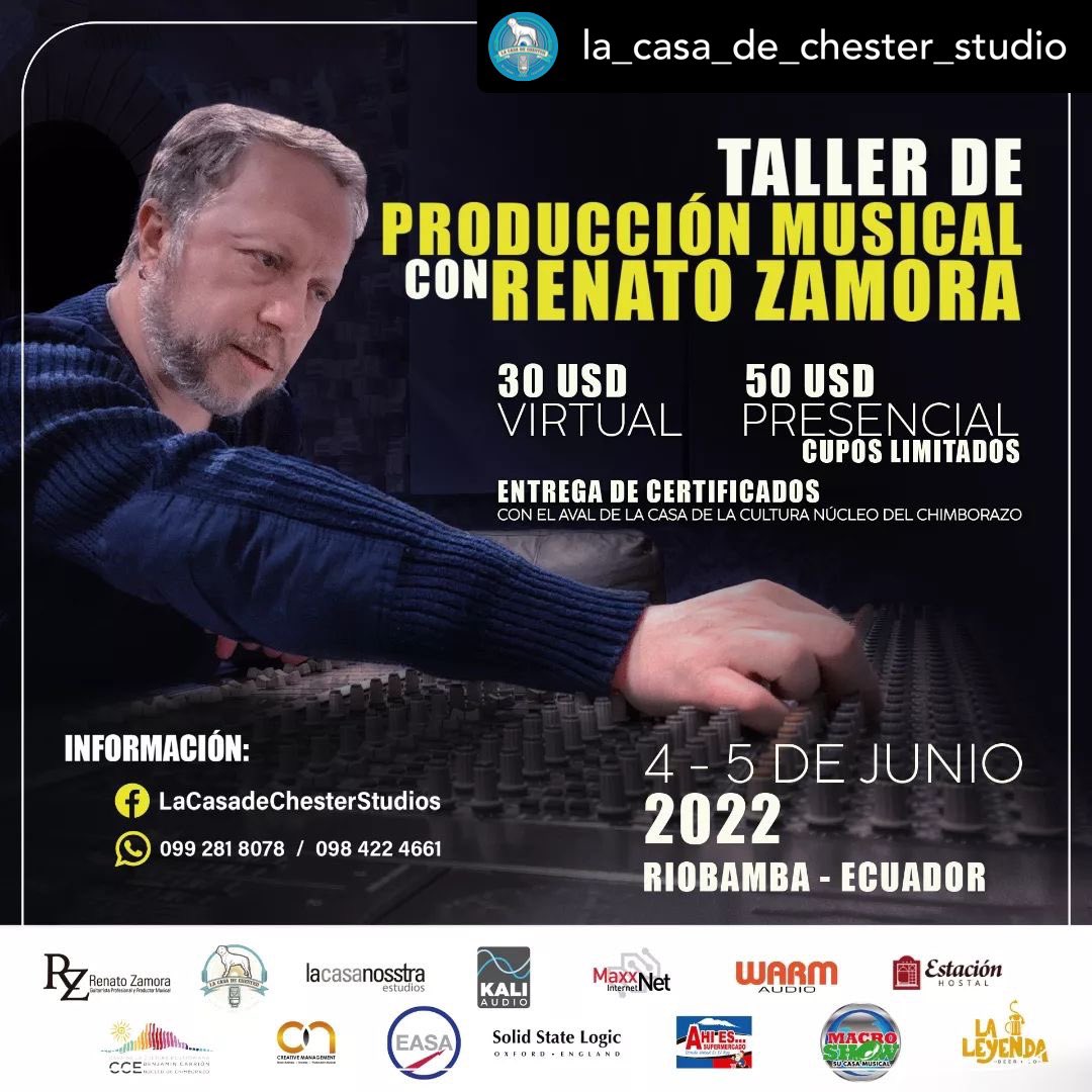 RenatoZamora's tweet photo. Amig@s 4 y 5 de junio nuevo taller teórico práctico en Riobamba en los estudios “La casa de chester” y nos acompañará la banda @mistica_viral 
Cupos limitados para presencial
Cupos disponibles para modo virtual Información: 0992818078 / 0984224661(whatsapp) https://t.co/2Ed4ncEJ4Z