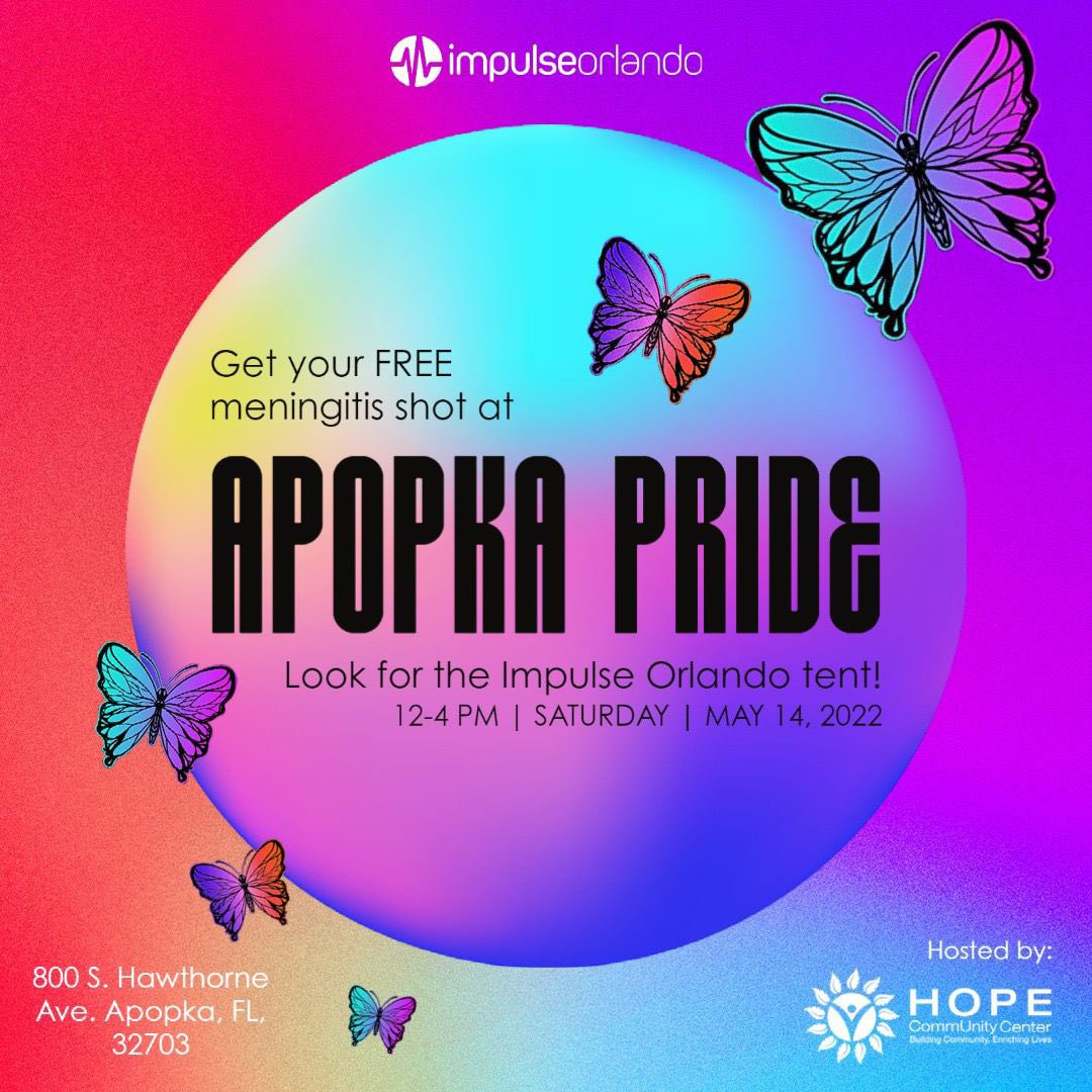 ImpulseOrlando's tweet photo. Come out to Apopka’s first Pride, tomorrow Saturday May 14th from 12:00-4:00. Family fun, games, and unity.

With the current meningitis outbreak, make sure to stop by our tent for a FREE vaccine!! https://t.co/qLj1MrApXB