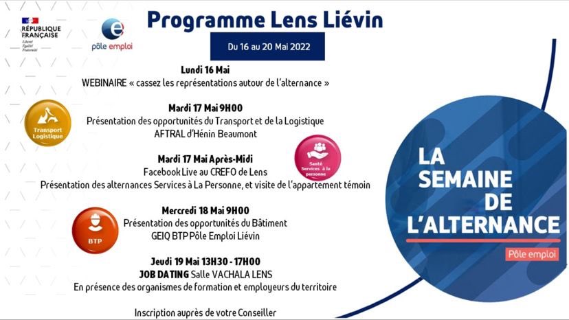 Corinne NEVEU (@neveucorinne) on Twitter photo ⏳ J-3
📣 Retrouvez le programme de la semaine de l'alternance de Pôle emploi Lens Liévin qui aura lieu du 16 au 19 Mai.
Il est encore temps de vous inscrire auprès de votre conseiller pôle emploi.
@poleemploi_HDF
<a href="/VLecreux/">Virginie Lecreux</a> <a href="/DubMaxi/">MaximilienneDUBRUQUE</a> <a href="/corentinevaill2/">Corentine Vaillot</a> <a href="/LaurieStrus/">Strus Laurie</a> <a href="/PDemuysere/">Pauline Demuysere</a> ⏳ J-3
📣 Retrouvez le programme de la semaine de l'alternance de Pôle emploi Lens Liévin qui aura lieu du 16 au 19 Mai.
Il est encore temps de vous inscrire auprès de votre conseiller pôle emploi.
@poleemploi_HDF
<a href="/VLecreux/">Virginie Lecreux</a> <a href="/DubMaxi/">MaximilienneDUBRUQUE</a> <a href="/corentinevaill2/">Corentine Vaillot</a> <a href="/LaurieStrus/">Strus Laurie</a> <a href="/PDemuysere/">Pauline Demuysere</a>