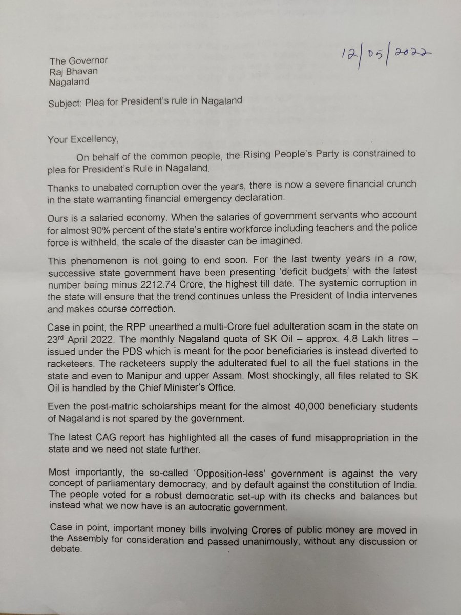 RPP_Nagaland's tweet photo. The GoI is requested to salvage the dire financial crunch in #Nagaland by imposing #PresidentsRule
@rashtrapatibhvn
@PMOIndia @narendramodi @AmitShah @Neiphiu_Rio @YanthungoPatton @ThePrintIndia @the_hindu @morungexpress05 @htTweets @timesofindia @ndtv @IndiaToday @IndianExpress https://t.co/2aWg2rc17S