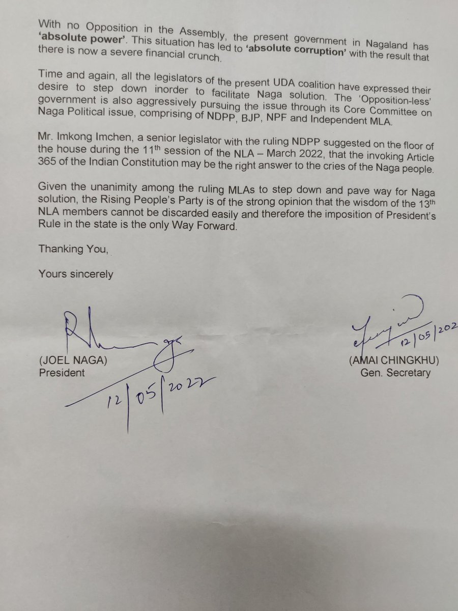 RPP_Nagaland's tweet photo. The GoI is requested to salvage the dire financial crunch in #Nagaland by imposing #PresidentsRule
@rashtrapatibhvn
@PMOIndia @narendramodi @AmitShah @Neiphiu_Rio @YanthungoPatton @ThePrintIndia @the_hindu @morungexpress05 @htTweets @timesofindia @ndtv @IndiaToday @IndianExpress https://t.co/2aWg2rc17S