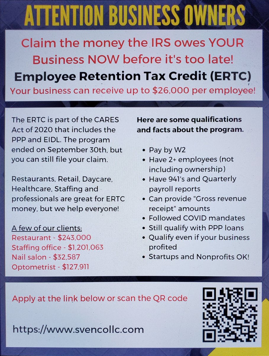 TheSvencoLLC's tweet photo. EMPLOYEE RETENTION TAX CREDIT . . . . Its not too late. https://t.co/Mky2pGVEXB #tax #smallbusiness #smallbusinessowners https://t.co/dywlsgATSN