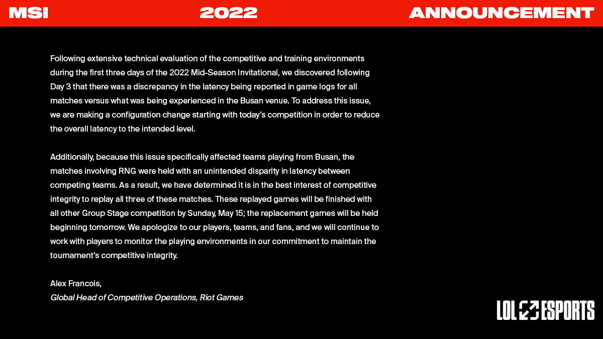 A Message from Alex François, Global Head of Competitive Operations, Riot Games

lolesportsmedia.com/A-Message-from…