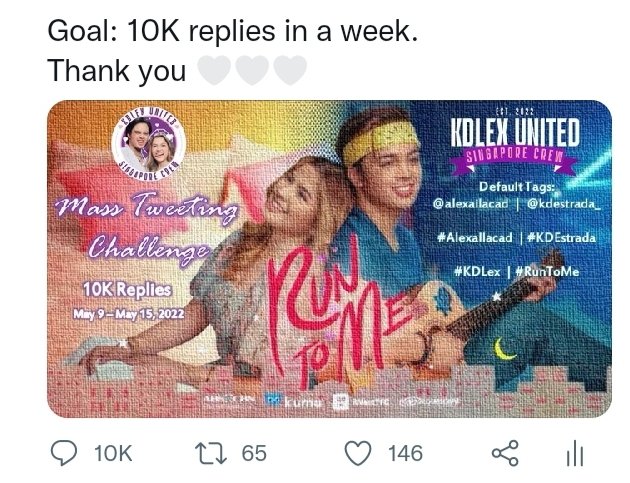 KDLEXSGCrew's tweet photo. We achieved our 10K goal in less than 4 Days 🙏. Thank you SGCrew and to everyone who participated in this challenge. 🎉💫See you in our 5th cycle 🥰🤍💪
@alexailacad @kdestrada_
#AlexaIlacad | #KDEstrada
#KDLex #RunToMe #SGCrew https://t.co/4HfHAS6Pis