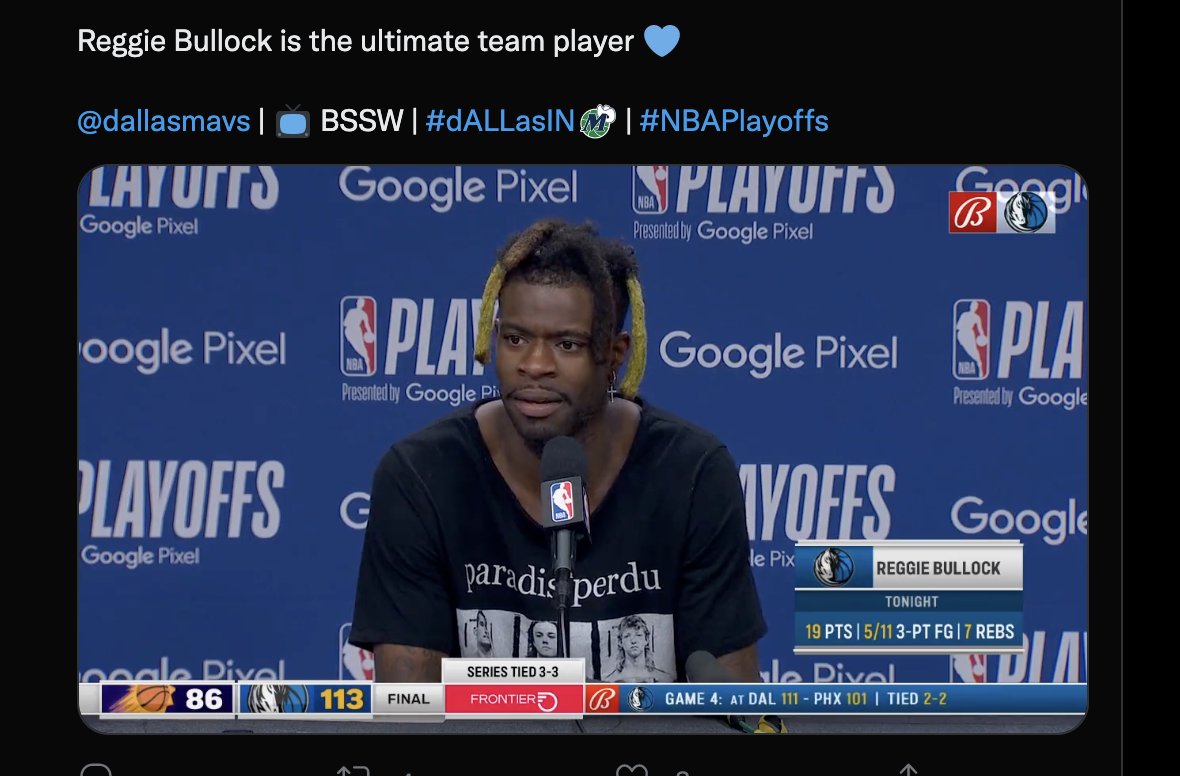 sportsruss's tweet photo. @dallasmavs Reggie Bullock sporting a sweet Paradise Lost shirt at the post-game presser. The fight for justice continues ... 

@charlesjbaldwin @damienechols https://t.co/37bRNpGeuD