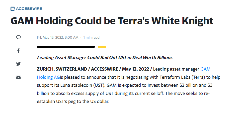 SidusMaster's tweet photo. 🔸Leading asset manager GAM Holding AG announced negotiations with Terraform Labs (Terra) to help support its Luna stablecoin (UST)
🔸GAM is expected to invest between $2 billion and $3 billion to absorb excess supply of UST during its current selloff
lets see =) 
#LUNA #TerraUSD https://t.co/sQ4xFisd4t