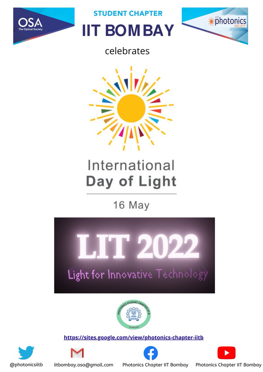 photonicsiitb's tweet photo. We are coming up with a new series of virtual talks #LIT2022 on the occasion of #InternationalDayOfLight2022 on 16th May. Talks will be delivered by Prof. Stéphane Berciaud and Prof. Dibakar Roy Chowdhury.
Reserve your seat here 👉 https://t.co/nSXwjJY4fN https://t.co/WBzRQFnOXa