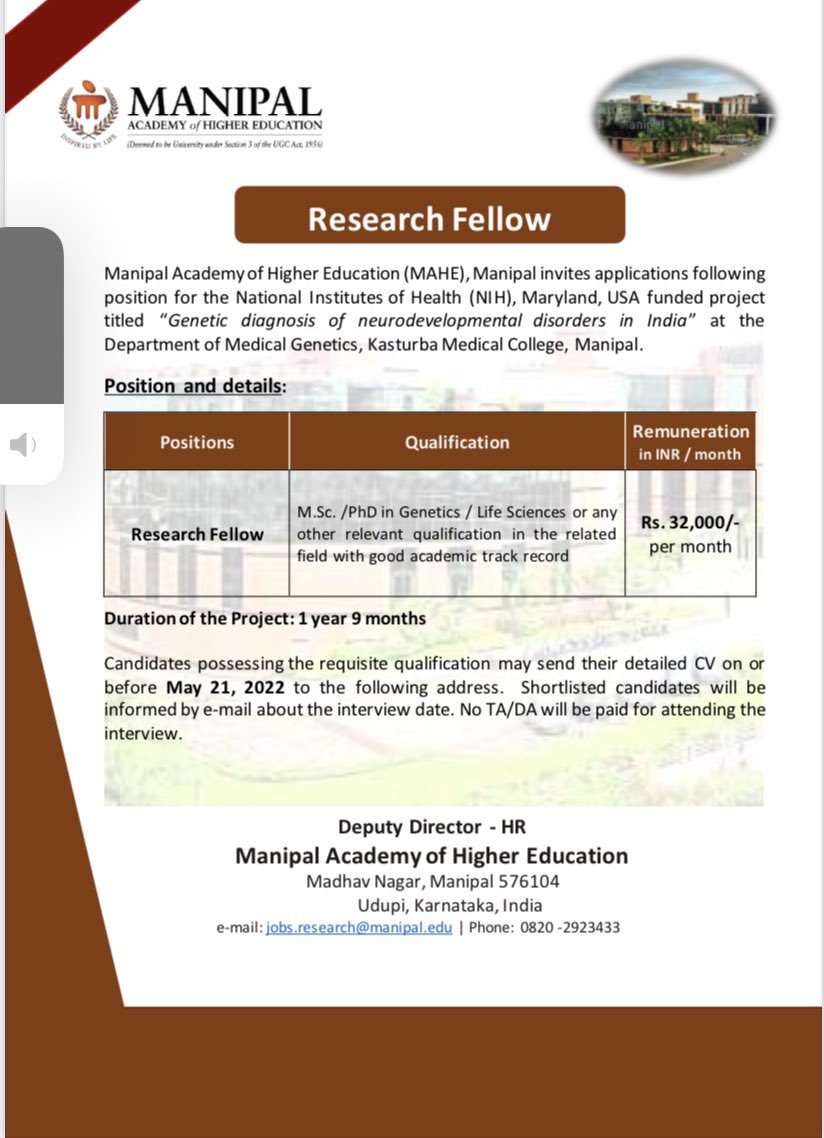 Anju (@anjushukla21) on Twitter photo Opportunity to work on Pediatric neurodevelopmental disorders <a href="/DoRMAHE_Manipal/">Directorate of Research, MAHE, Manipal</a> <a href="/MAHE_Manipal/">Manipal Academy of Higher Education</a> <a href="/GeneticsManipal/">Medical Genetics Manipal</a> Opportunity to work on Pediatric neurodevelopmental disorders <a href="/DoRMAHE_Manipal/">Directorate of Research, MAHE, Manipal</a> <a href="/MAHE_Manipal/">Manipal Academy of Higher Education</a> <a href="/GeneticsManipal/">Medical Genetics Manipal</a>