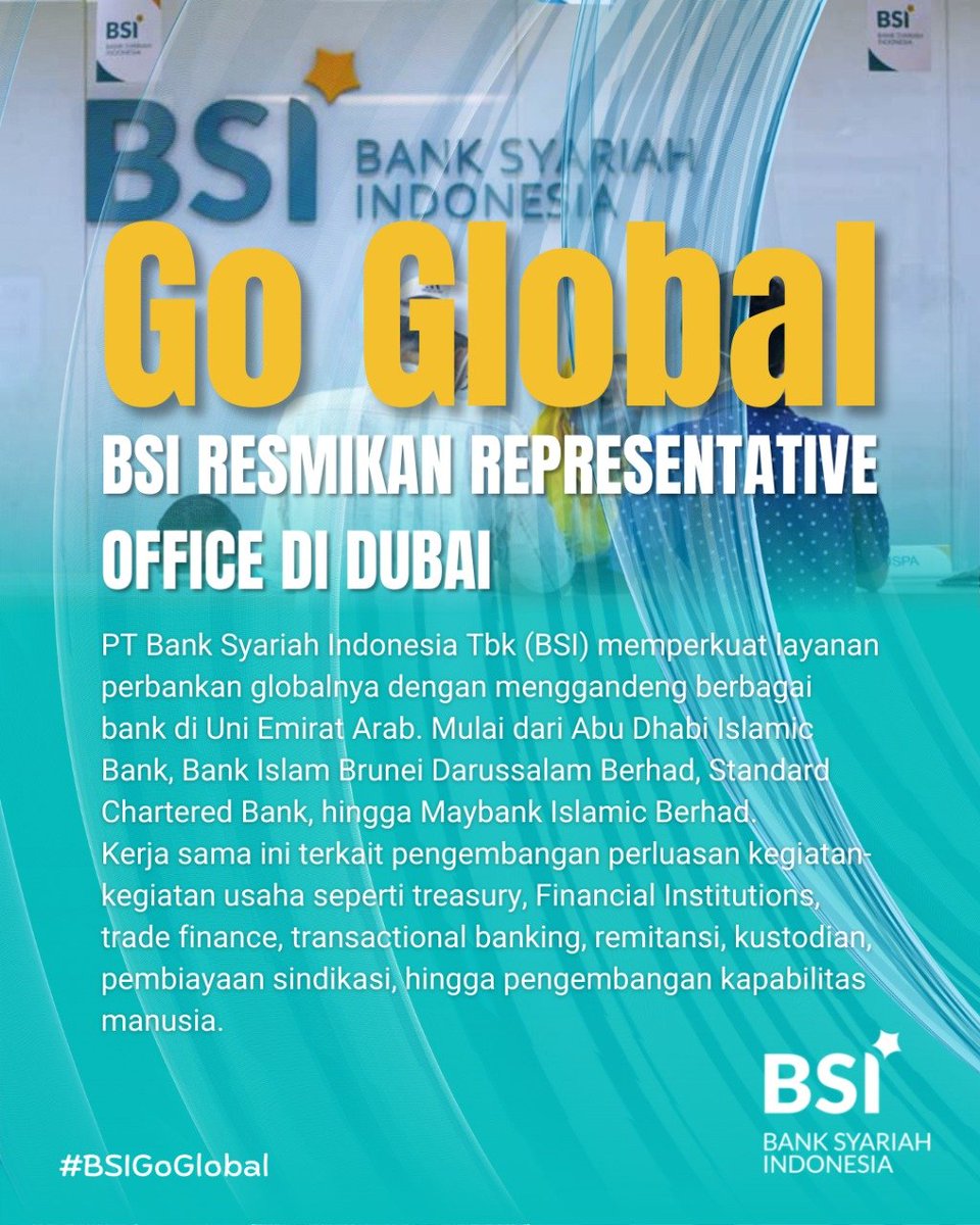 Adityaa237's tweet photo. Kemajuan perkembangan BSI go global menjadi penguat layanan perbankan dgn menggandeng berbagai bank di Uni Emirat Arab👏
#BSIGoGlobal https://t.co/3Rnw4Tfgva
