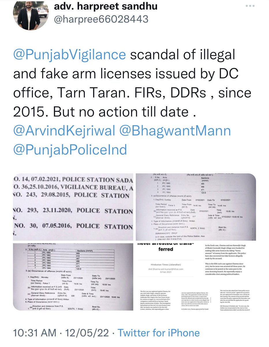 harpree66028443's tweet photo. @CMOPb @PunjabGovtIndia @BhagwantMann , @PunjabVigilance  request to give appointment to meet and submit documents and complaints regarding fake arm license issuance scandal in arm license branch, DC Office , Tarn Taran. https://t.co/khlCg3ezJ9