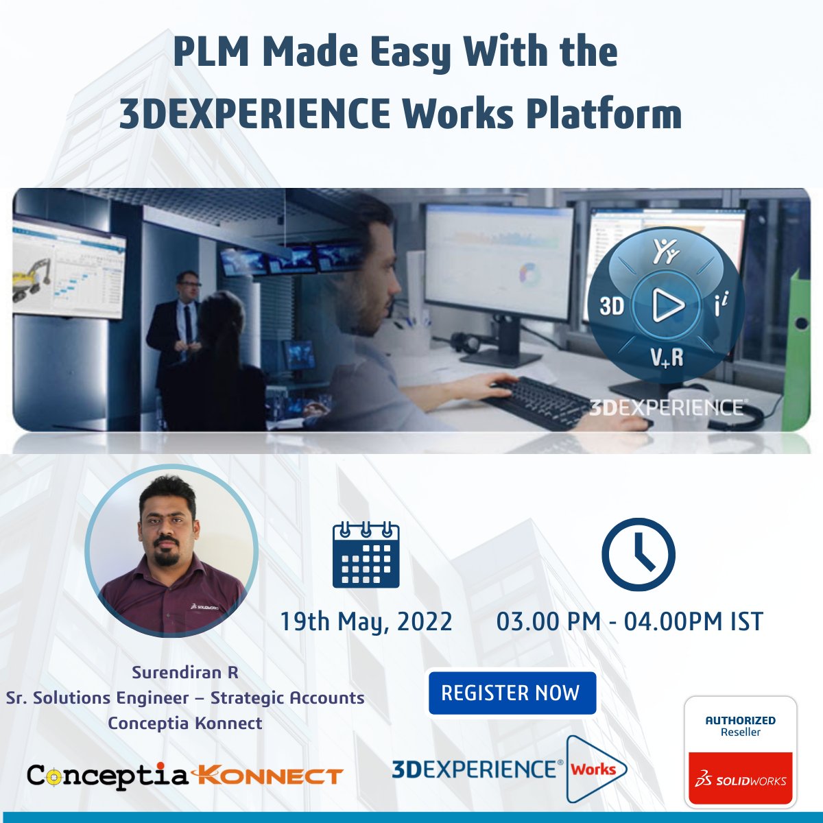 CK_SolidWorks's tweet photo. Webinar: PLM Made Easy With the 3DEXPERIENCE Works Platformโ scheduled on 19th May 2022
Date and Time: 19th May 2022 | 03.00 PM - 04.00 PM
Register Now: https://t.co/WFDxIg2VXf
Speaker: Surendiran R
#productlifecyclemanagement #plm #plmsolutions #3dexperience #cloudsolutions https://t.co/V6kRxZec1F