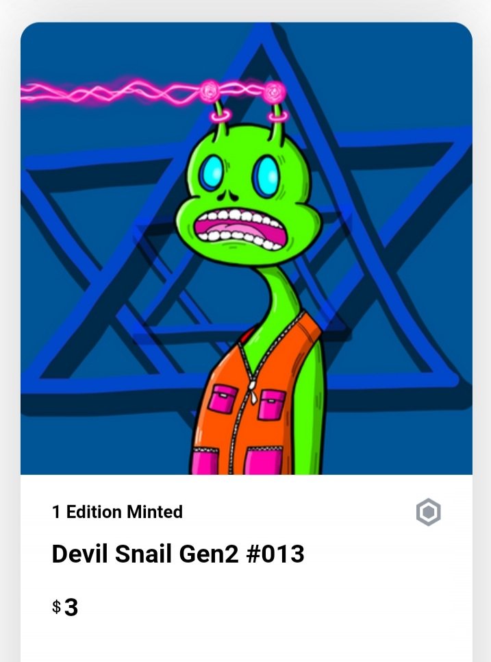 Devil snail 🐌 Gen2  😈 
🐌 Unique 1/1 edition.
New drop #013 👿
Special price $3 🔥 the first 10 only. 
By Da Star ⭐ ピダマクプロムシク
👇👇👇👇👇👇👇
crypto.com/nft/collection… 

#NFTcollection #NFTartists #Crypto #CRO #CROart #CROfam #cryptocomnft #cryptocommunity #NFT
