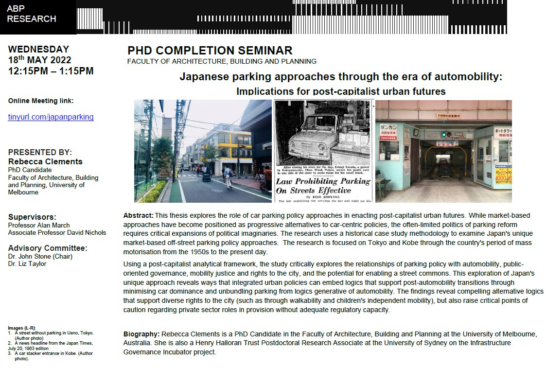 kinokofry's tweet photo. My PhD Completion Seminar is next Wed 12:15-1:15 Syd time if anyone is interested. I'll be talking about parking policy approaches in Japanese cities from the 1950s, looing at history, public and private governance, urban impacts, and the potential for enabling street commons. https://t.co/Id02k4PG5x