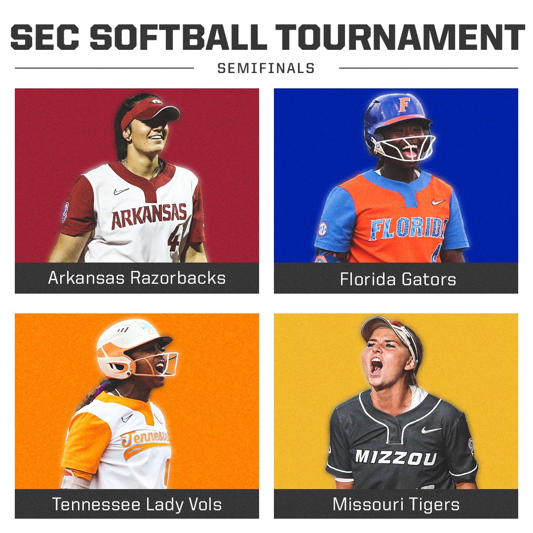 SECNetwork's tweet photo. The Final Four 🥎 #SECSB 

🐗 @RazorbackSB 
🐊 @GatorsSB 
🍊 @Vol_Softball 
🐯 @MizzouSoftball https://t.co/JuA6TNiGuX