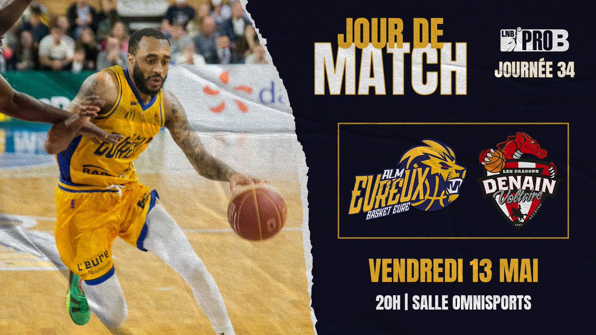 ALMEvreux's tweet photo. 🏀 JOUR DE MATCH
#ProB | J3️⃣4️⃣

🆚️ | @denainvoltaire
🕗 | 20h
📍 | Salle Omnisports
🎟 | Dernières places debout dispo au bureau (5€)
📺 | Live #LNBTV
🔮| Validez vos pronos : https://t.co/0jYlK6KeYM

🟡🔵 #TeamALM https://t.co/4hTARIfT0Q
