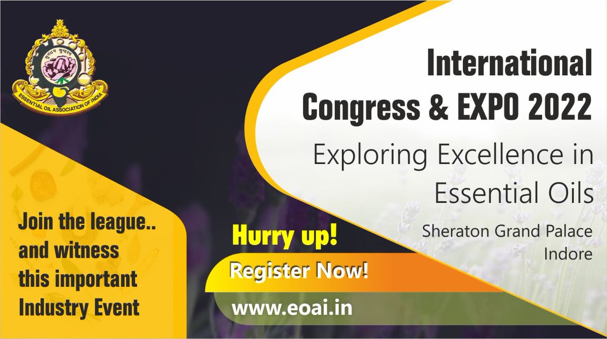 eoai_in's tweet photo. Get yourself registered for International Congress and Expo 2022 #essentialoils #expo2022 #natural 
#workingtogether #eoai2022 #aromatherapy #fragrance #flavour #aromachemicals https://t.co/OPxsjZXUWA