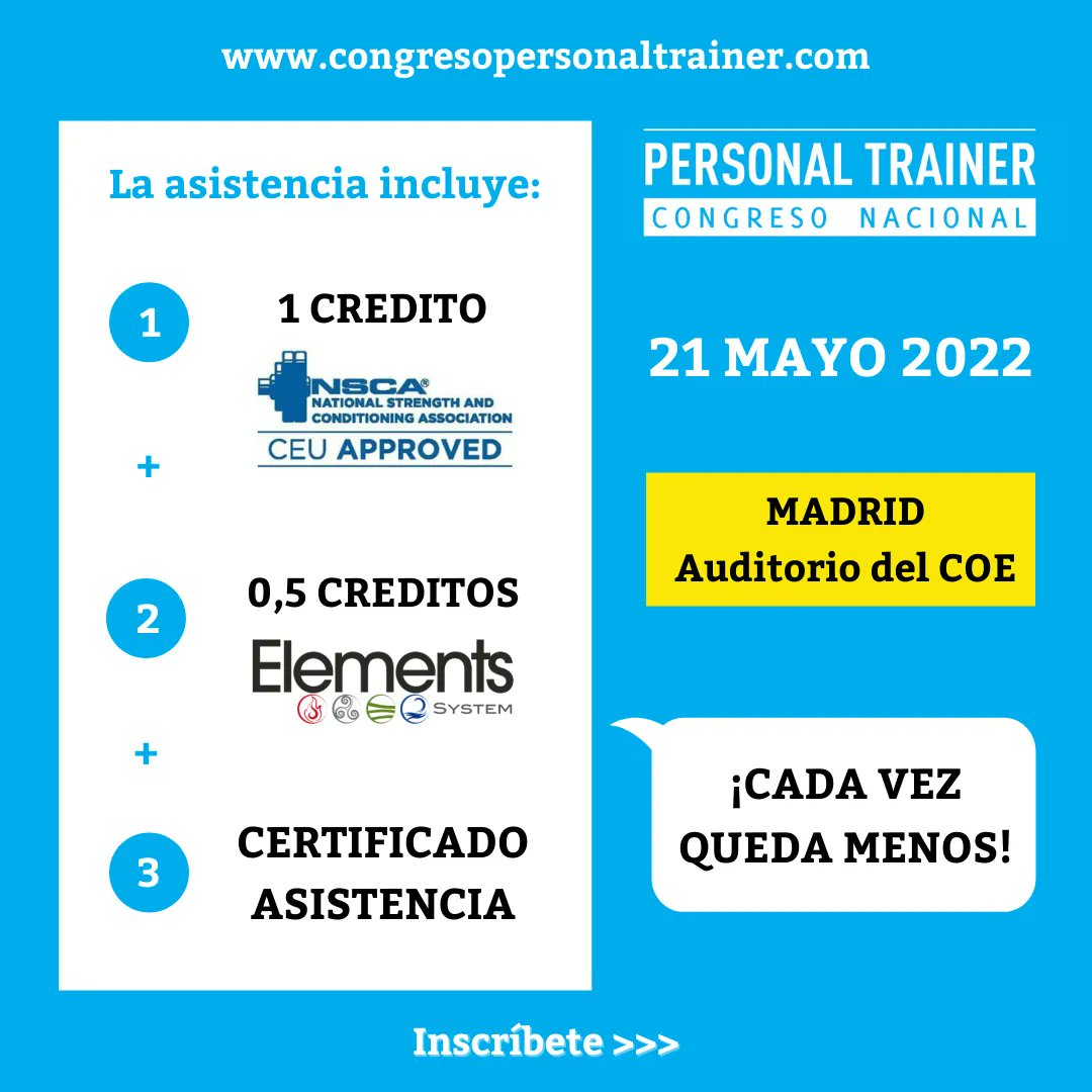 ✍️ Inscríbete al Congreso Personal Trainer y recibirás tu certificado de asistencia, 1 crédito NSCA Spain y 0,5 créditos Elements System. 🙌
📆 ¡21 mayo - Auditorio COE Madrid👇
buff.ly/3ytHIis

#congresoentrenamientopersonal #personaltrainer #congresopersonaltrainer