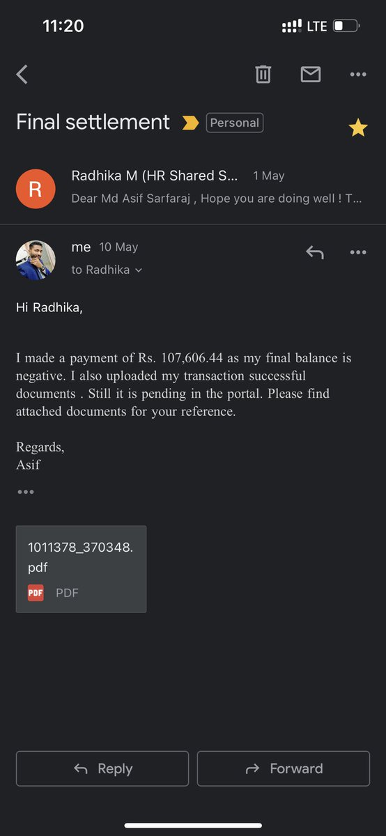 sarfarajasif's tweet photo. @Wipro Respected Sir/Madam,
My last working date in Wipro as 28th April, I cleared all no dues as well as I made payment as my final settlement amount was negative. It’s already 2 week over and my settlement is still pending. I reached HRSS mail as well as HR’s  wipro mail ID. https://t.co/VUzhYqzgpo
