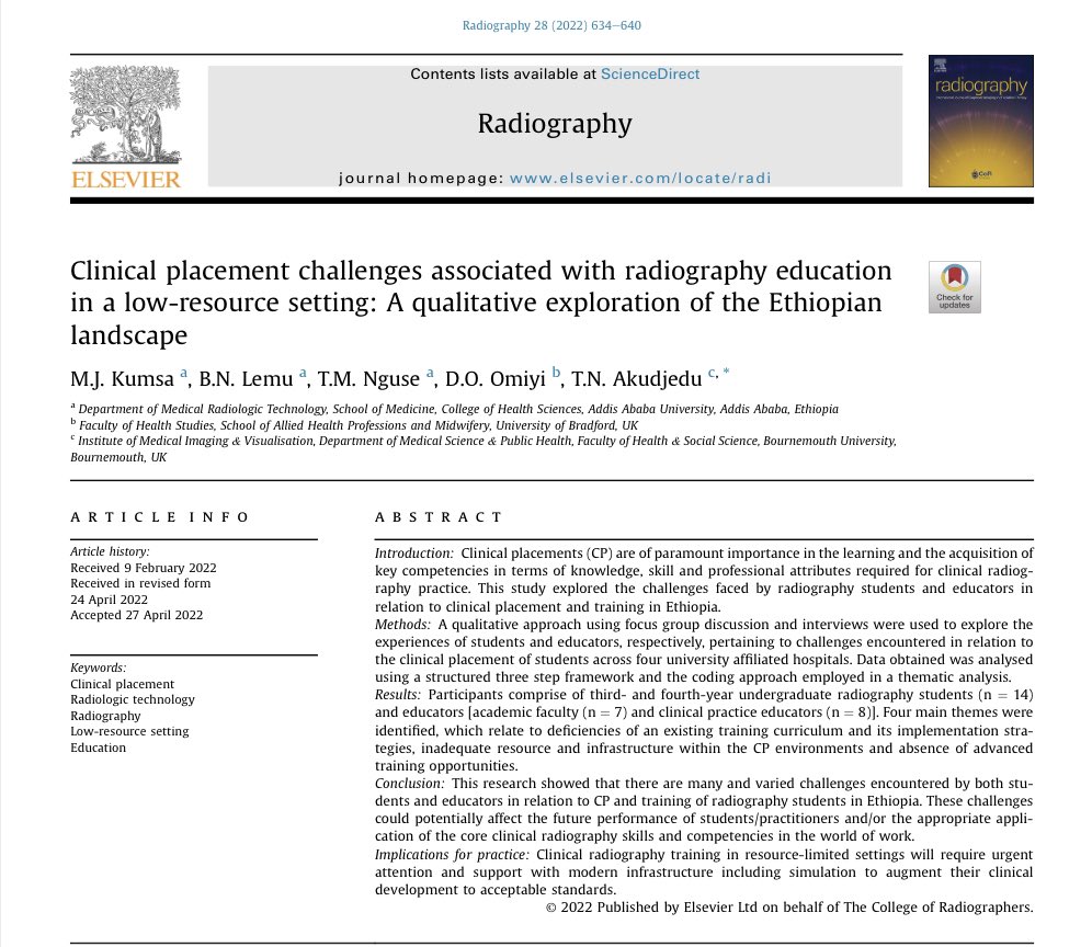 TheoAkudjedu's tweet photo. 🚨Hot off the press and available @RadiographyJour This study explored the unique challenges to clinical placement for #radiography education in a low-resource setting #Ethiopia #clinicalplacement https://t.co/fxr1Eb6ss5