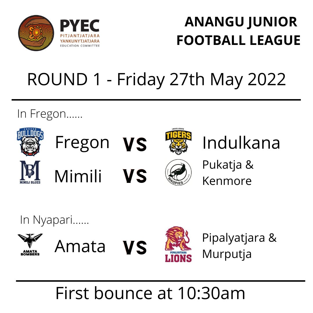 PYECAC's tweet image. The AJFL Round 1 fixture is here 🏉

Get down to Fregon oval or Nyapari oval on Friday 27th May to see the first ever AJFL matches played and cheer on the students!

We can&apos;t wait to see you there!