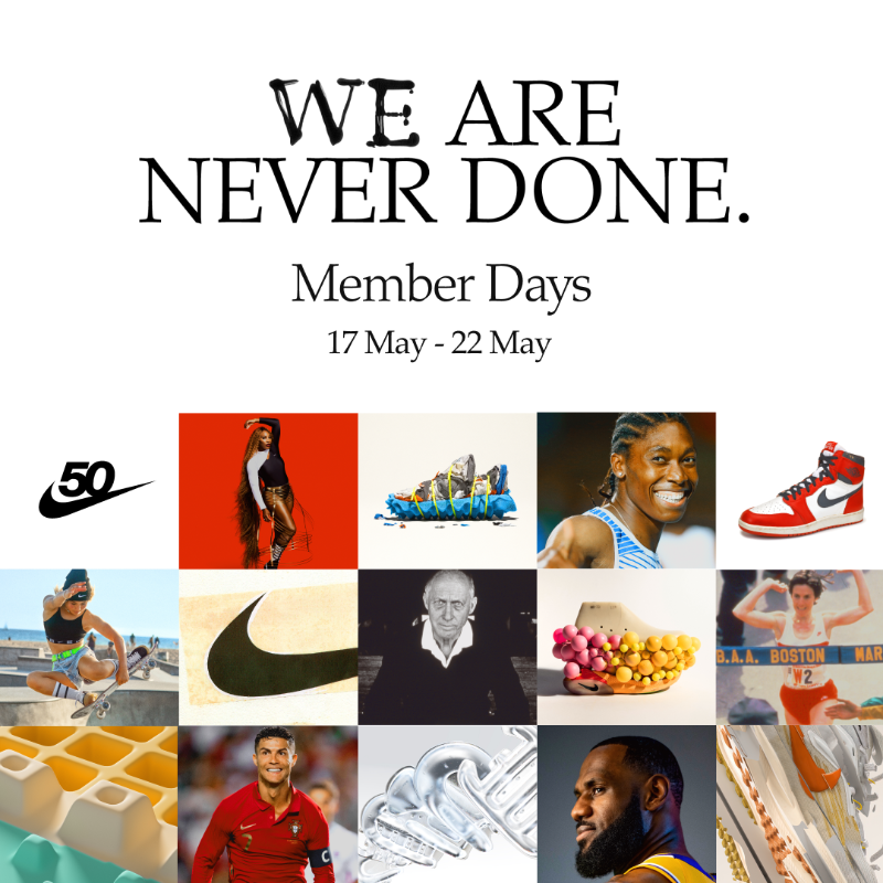 Nike's tweet photo. Celebrate 50 years of sport with six days of Member-exclusive product drops, promos, experiences and more.