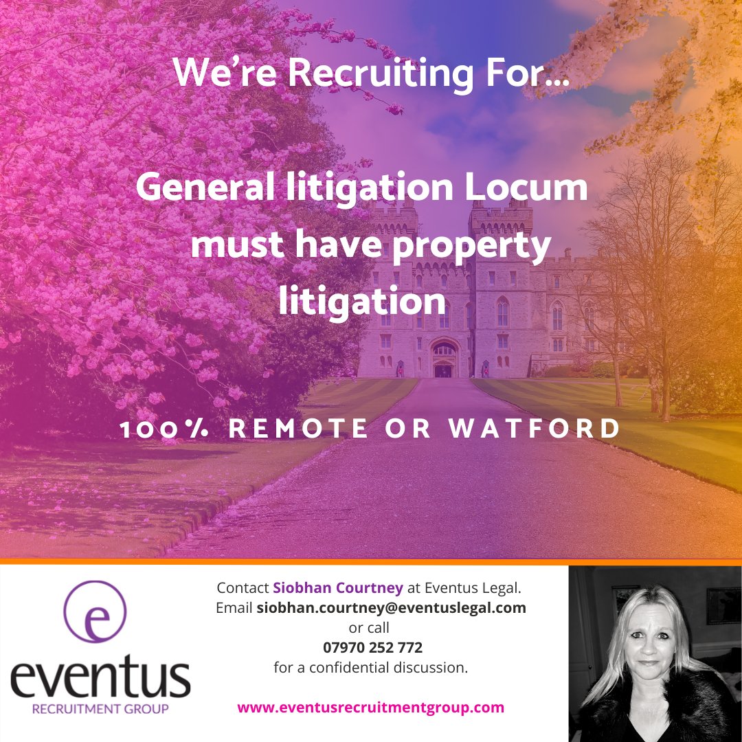 EventusRecruitG's tweet photo. Siobhan is looking for a General Litigation #Locum to join a wonderful firm. 

⭐Immediate start available 
⭐Remote working

📞07970252772
✉️ siobhan.courtney@eventuslegal.com

#LocumJobs #RemoteLegalJobs #LegalJobs https://t.co/kRvl9e4Ilq