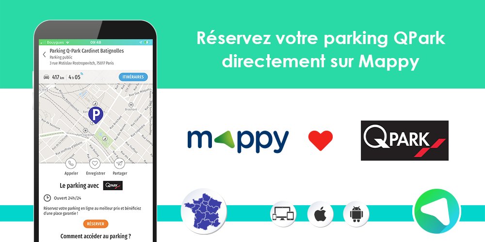 Mappy's tweet photo. Les #parkings @QParkFrance débarquent sur le site et les applications Mappy. Plus besoin de tourner pendant des heures sans pouvoir se garer ! Localisez et réservez les places Q-Park directement sur Mappy. https://t.co/e8Hi16oGEG https://t.co/PZ9mKjACld