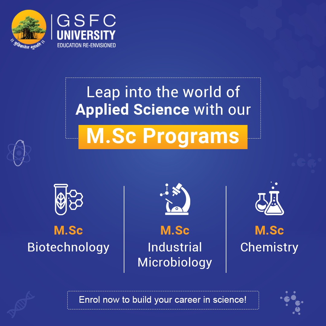 GSFCUniversity's tweet image. M.Sc at GSFC University prepares you for application and research-based careers while also providing opportunities in the field of #Science, Research and Technology. 
Build your career in Science at #GSFCUniversity.

Admissions Open!

#Mscprograms #Careerready