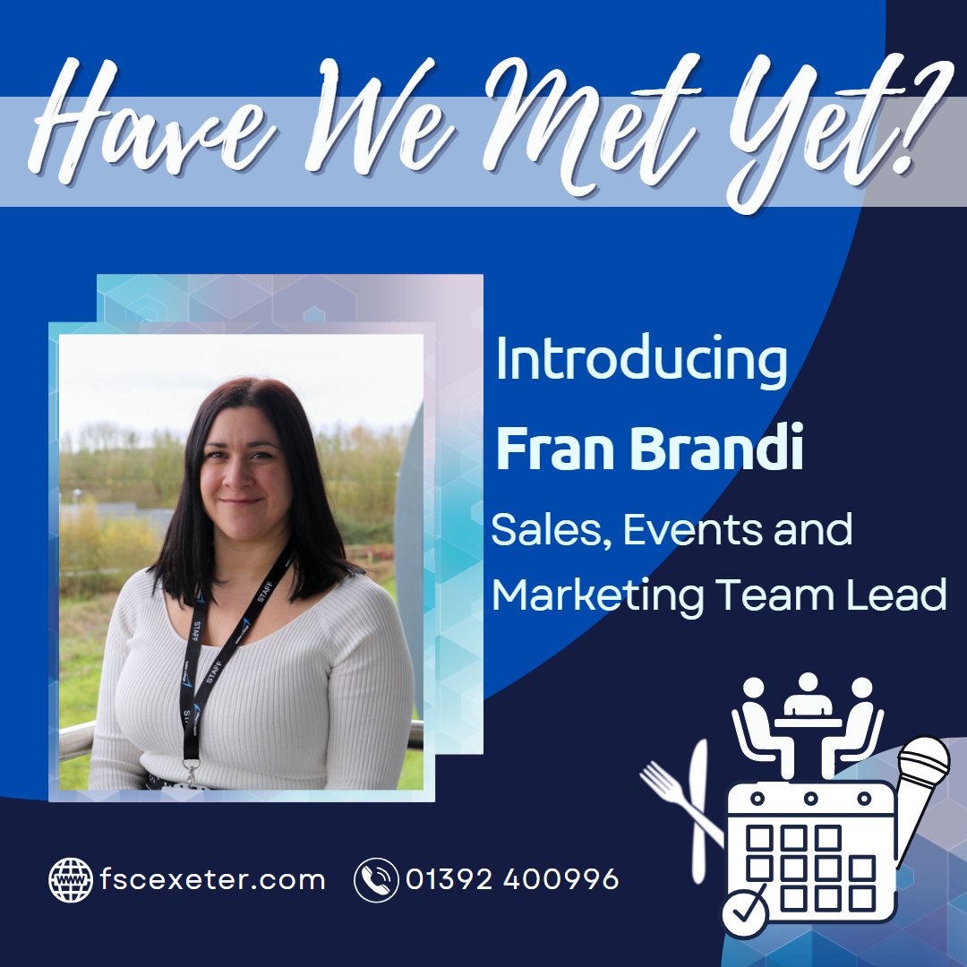 FSCExeter's tweet photo. Introducing Fran Brandi!
Fran is responsible for the facilities & event operation at the FSC, along with marketing & sales engagement. If you're looking for a venue in Exeter you're in safe hands with the FSC team! @BrandiFran
#eventvenues #meetheteam #havewemetyet #eventprofuk https://t.co/ZE6IVU263Y
