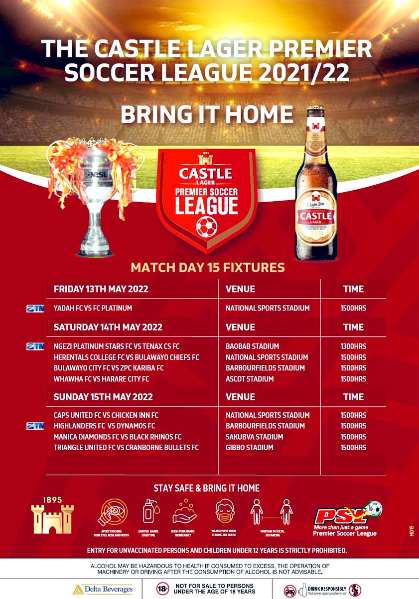 @CastleLagerPSL Week 15 fixtures ⚽️

@FcYadah & @FCPlatinum kick it off at the NSS, Friday at 3pm;

With a bounce in their step @byocityfc take on #ZPCKariba on Saturday;

With the big one @HighlanderBosso v @OfficialDynamos on Sunday at BF

The #BattleOfZimbabwe LIVE on @ZTNnews