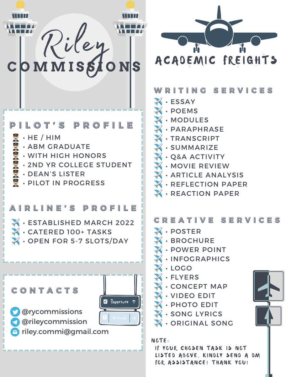 rycommissions's tweet image. Welcome aboard! This is Riley, your captain speaking from academic flight deck. Your captain is willing to help you with your educational tasks and piled up works! 

📌 Check the attached photos below and get to know me and my service! 

📨 DM is open for your inquiries!
