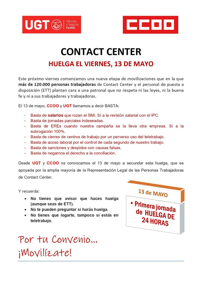 ccoomajorelslm's tweet photo. Ni te lo pienses, razones hay de sobra para colgar tus cascos

¡Movilízate! ¡Defiende tus derechos!

#13MHuelgaContact
#ContactCenter
#ConvenioContact
#ConvenioJustoYa
#SinConvenioNoHayDerechos
#EmpresasPagadMás
#LasPlantillasNoSomosMercancia
#CCOOSeMueve https://t.co/tuKBXF6umZ