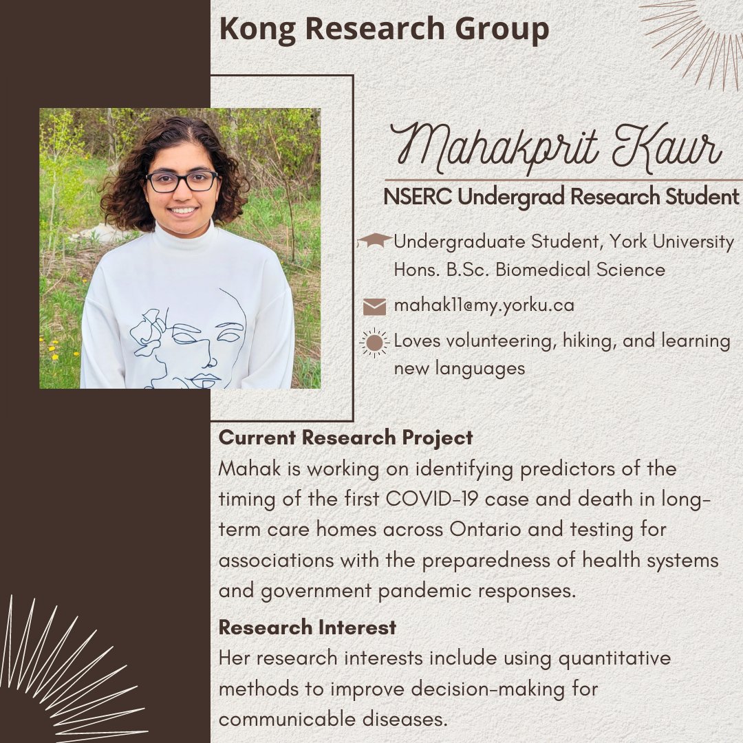 dzevela's tweet photo. Kong research group member spotlight! We are pleased to announce that @NSERC_CRSNG will be supporting our very own @Mahakprit this summer to continue her work with us on COVID-19 in Long-term care homes across Ontario. Stay tuned for updates!  
@YorkUScience @DIGHR_YorkU https://t.co/53KgS3b8rb
