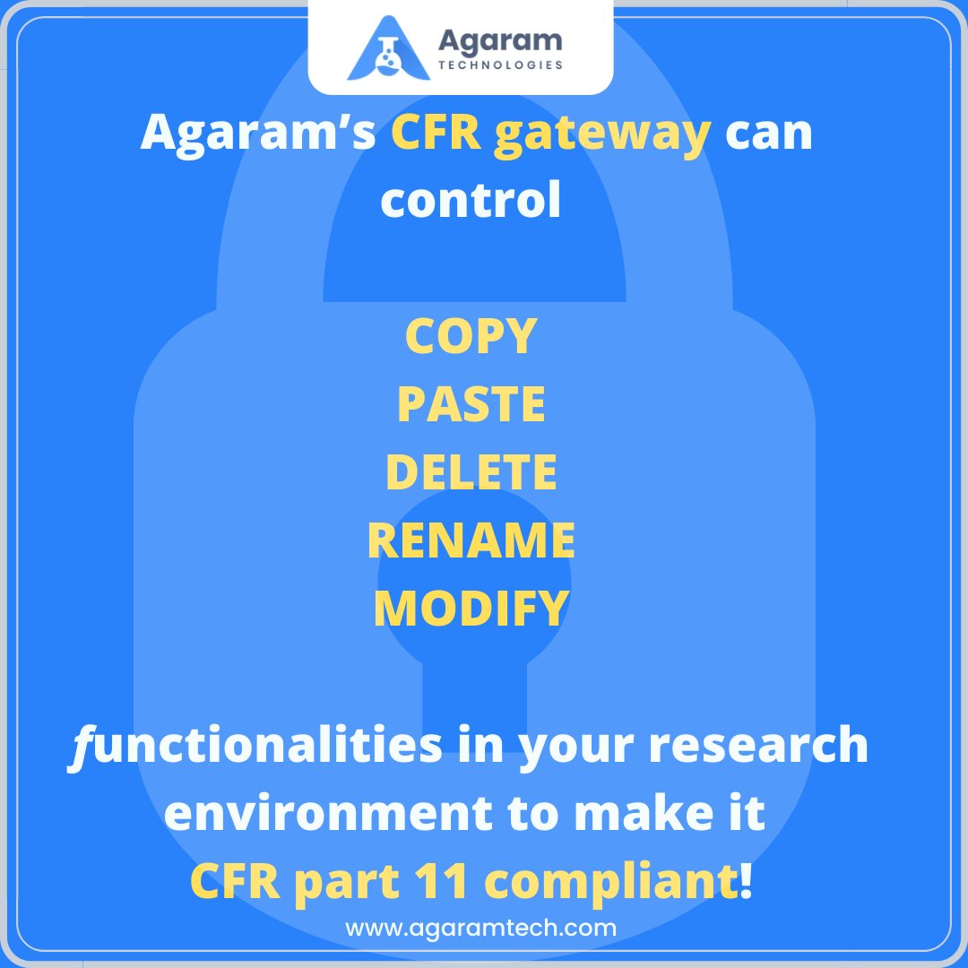 agaramtech's tweet photo. CFR Gateway helps make any non-compliant system, be it, analytical instrument software or a normal Microsoft excel or Office software be 21 CFR Part 11 compliant as well as follow data integrity guidelines. Visit - https://t.co/GNvQ8VpxiQ
#LIMS #saas #CloudLIMS #LabInformatics https://t.co/Si4wccM84e