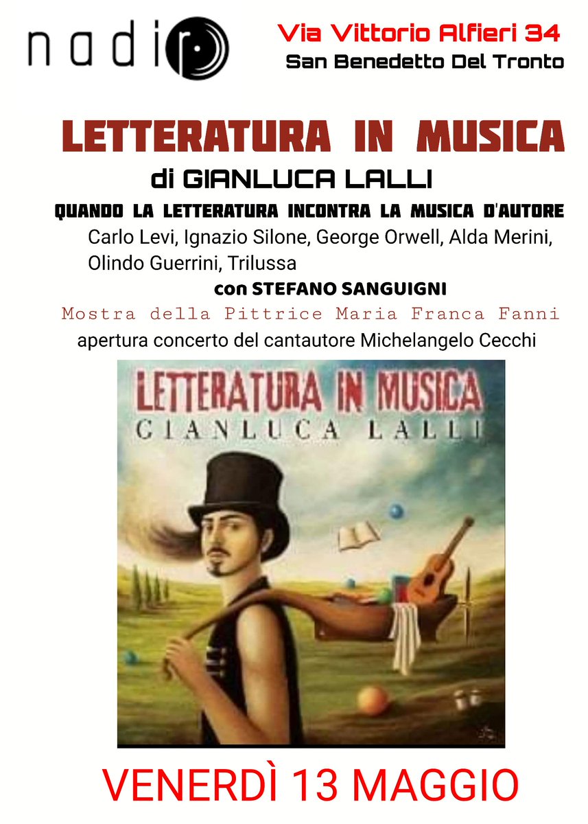 gianluca_lalli's tweet photo. E arrivato il grande giorno
Questa sera dalle ore 21:30 da NADIR a San Benedetto del Tronto presentazione
del disco
LETTERATURA IN MUSICA
Mi esibìró insieme al mitico Stefano Sanguigni 
Non mancate e prenotatevi!! https://t.co/5zvr3wDNJF