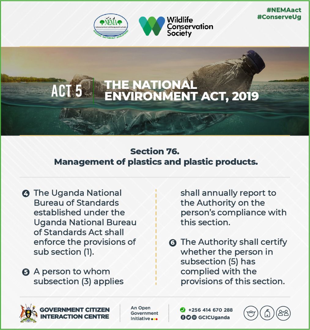 nemaug's tweet photo. Do you know what the law says about plastics & plastic products? Section 76 of the National Environment Act, No.5 2019 provides guidance on the management of plastics in Uganda https://t.co/z6U7zRSEnA
#ConserveUg
@ABarirega @NKarekaho @IAMJUDITHHEARD @tonylala https://t.co/tpKRyUfA0r