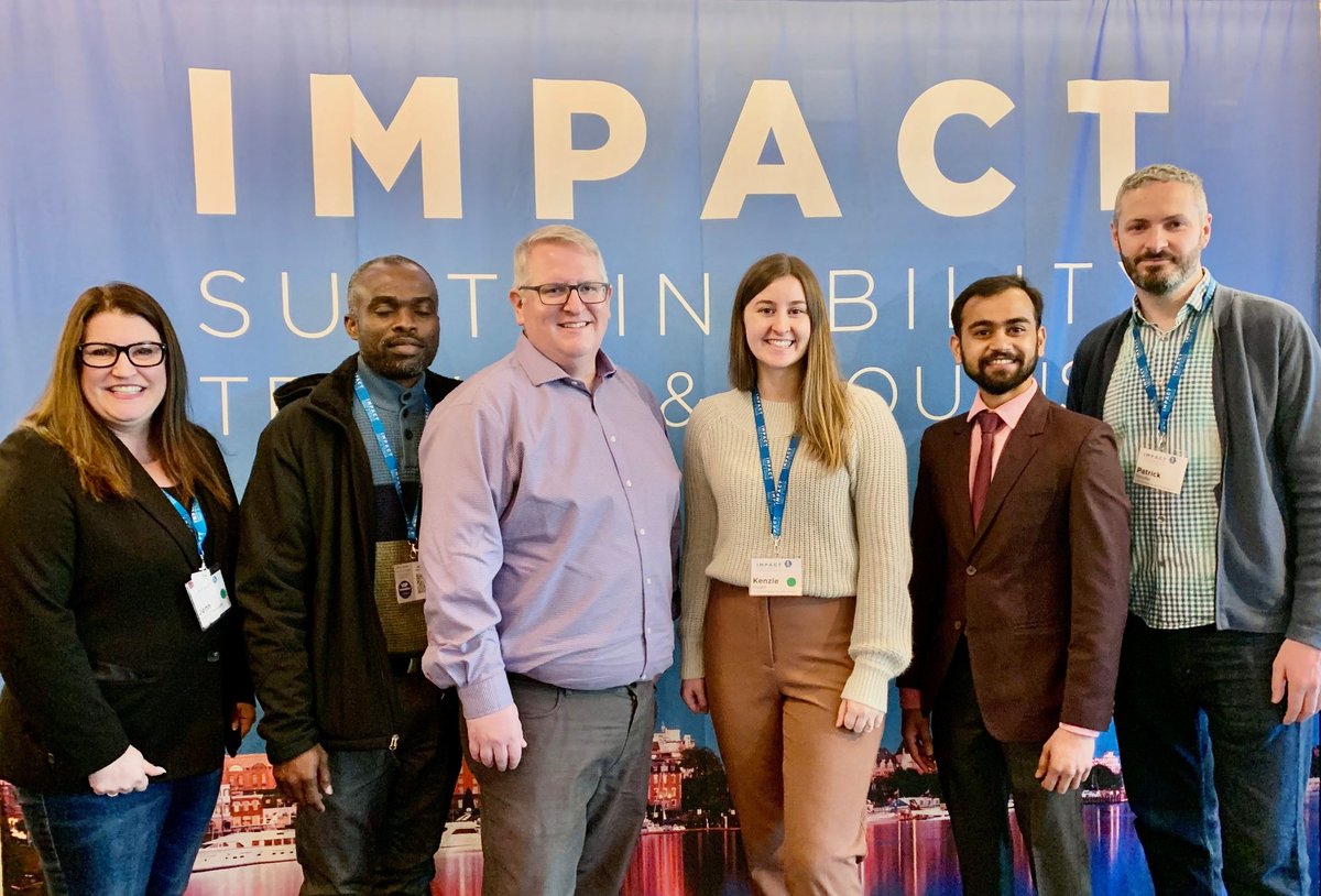 It was great to be joined at #IMPACT2022 by a strong team from @VIUniversity! Pictured with @JennHoutby and Kenzie Knight (who were doing double duty for @TourismNanaimo and @TVI_Corp, respectively) are MA Sustainable Leisure Management students Fynn, Patrick, and Vinay. @VIUWLCE