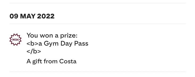 Zoe5red's tweet photo. @CostaCoffee  appaz I’ve won a gym day pass? Where are details? https://t.co/PNIrwpIezh