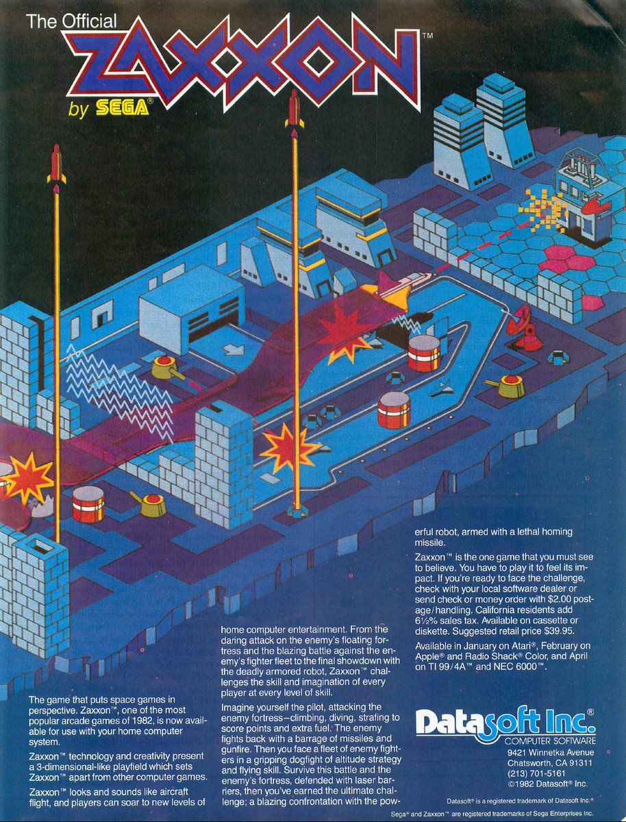 TakodanTweets's tweet image. 1984 advert for the #arcade classic &apos;Zaxxon&apos; by #Datasoft on #Apple #RadioShackColor #TI994A #NEC6000