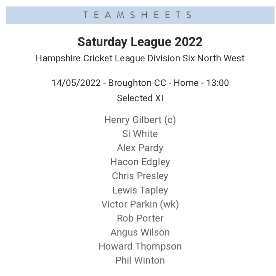 Teamsheet for this Saturday's league game at home to Broughton.