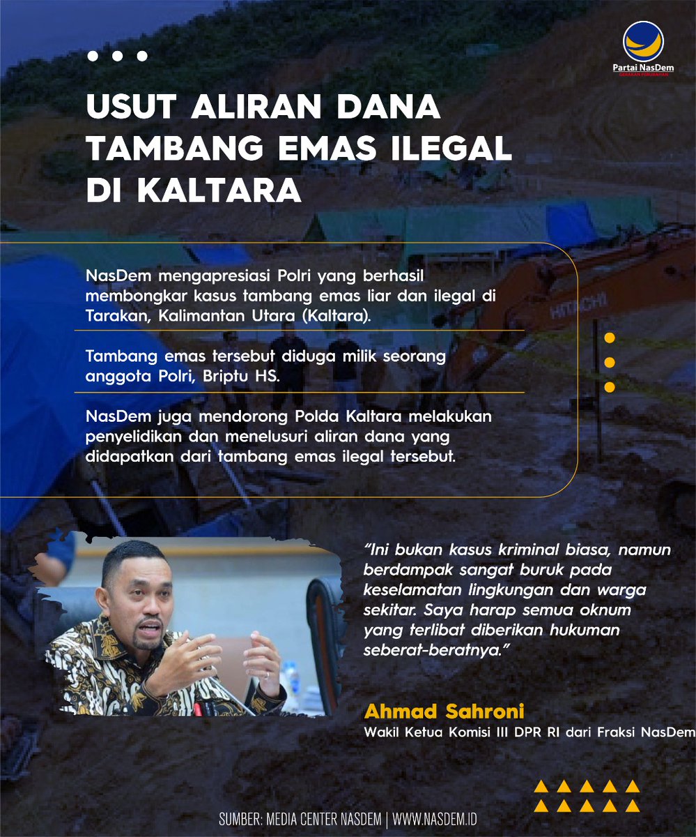 NasDem's tweet photo. Wakil Ketua Komisi III DPR RI, Ahmad Sahroni mengapresiasi Polri yang berhasil membongkar kasus tambang emas liar dan ilegal di Tarakan, Kalimantan Utara (Kaltara).

@Roni_ASC https://t.co/IJIMQrS1lN