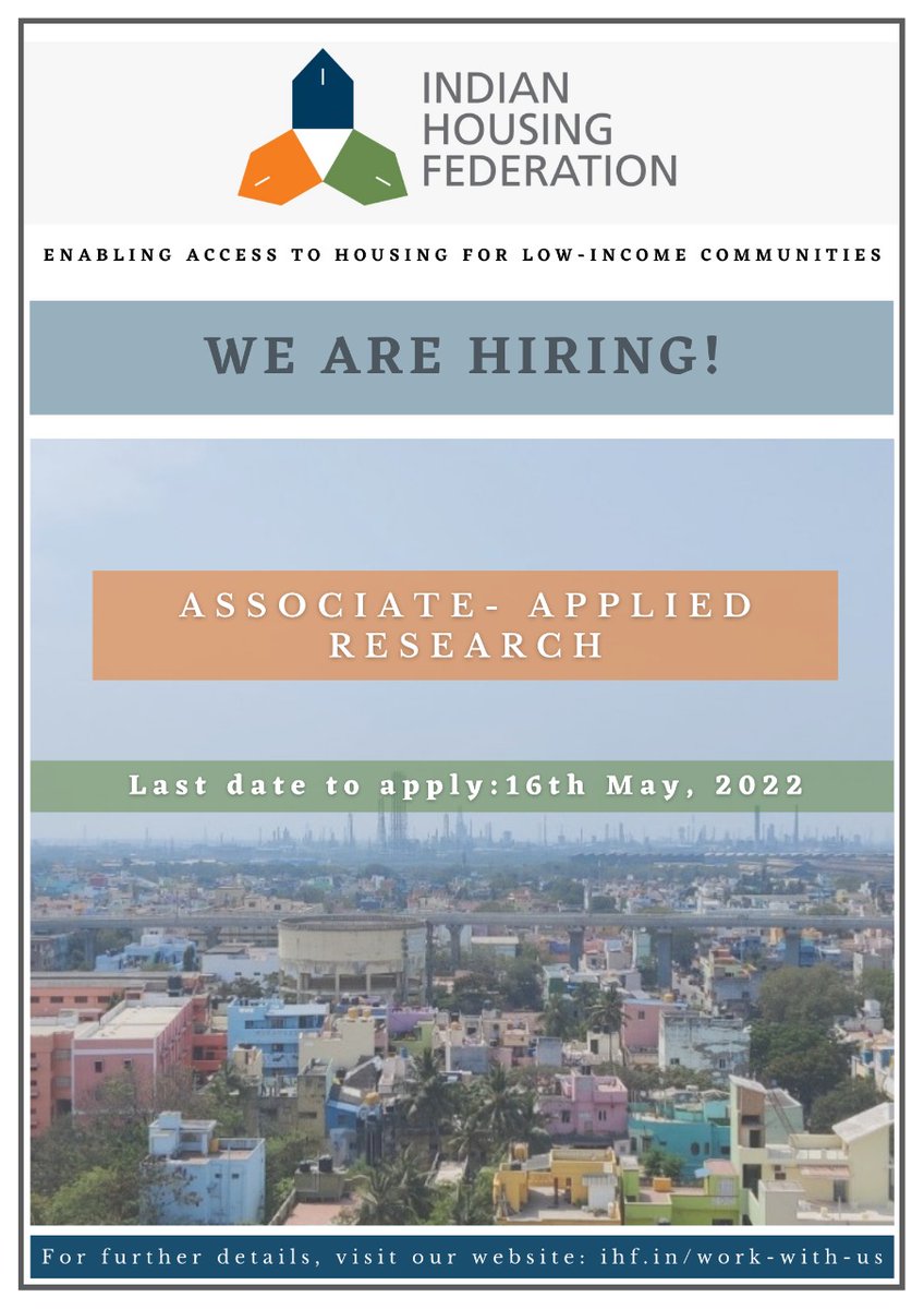 HousingFed_IN's tweet photo. #WeAreHiring!
IHF is looking for a young professional passionate for the development/housing sector who can undertake the responsibilities for the role of a #ResearchAssociate
Job Description: https://t.co/mGSKNd11dG
Apply at: https://t.co/eXz3v4RxR5
Apply by: Monday, 16 May 2022 https://t.co/8R0czCUafq