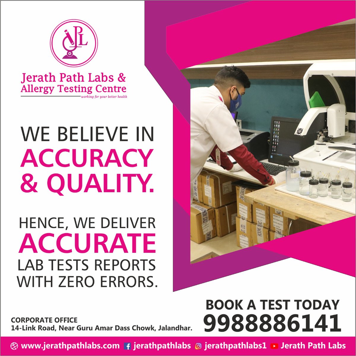 JerathLabs's tweet image. Jerath Path Labs believes in accuracy &amp;amp; quality. Hence, we deliver accurate lab tests reports with zero errors. Book-A-Test Today, call us on: 9988886141 or visit our website: jerathpathlabs.com 

#JerathPathLabs #jerathgroup #drprashantjerath #jalandhar #offer #healthylife