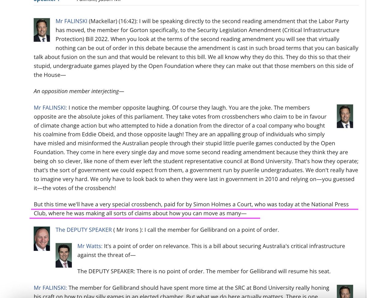 The hypocrisy of these people knows no bounds. 

Here's @JasonFalinskiMP having an attack of the vapours in parliament over Simon Holmes a Court speaking at the Nat Press Club.

Why? Why the confected panic? 

And who exactly does Jason think funds the federal Liberal party?