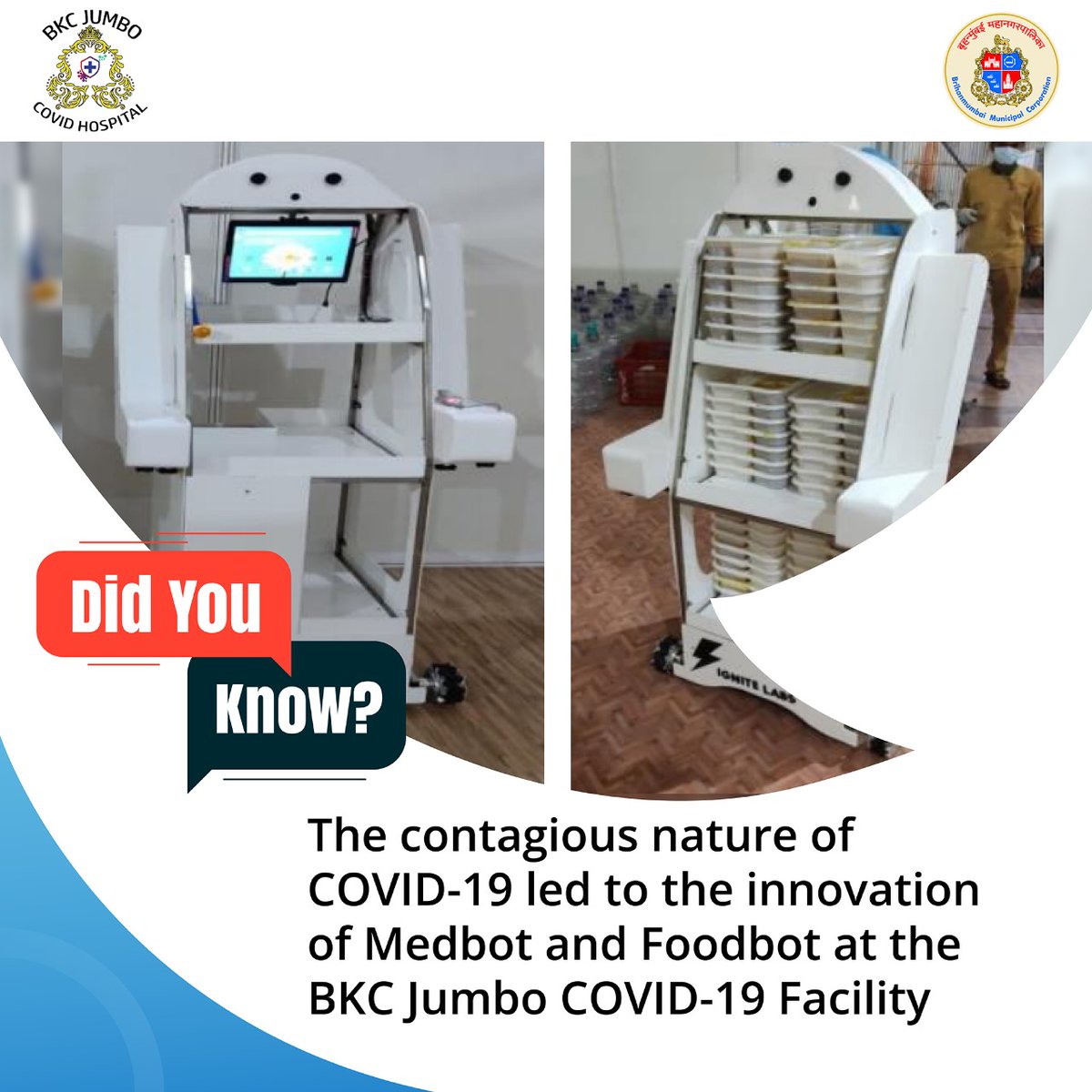 bkchospital's tweet photo. The BKC COVID Hospital specially designed a robot to serve the needs of the patients. This solution was financially prudent and ensured that the healthcare staff was at reduced risk of exposure.
#IndiaFightsCorona #Unite2FightCorona
#We4Vaccine #StaySafe #Medbot #Foodbot https://t.co/VIScHoqNeF