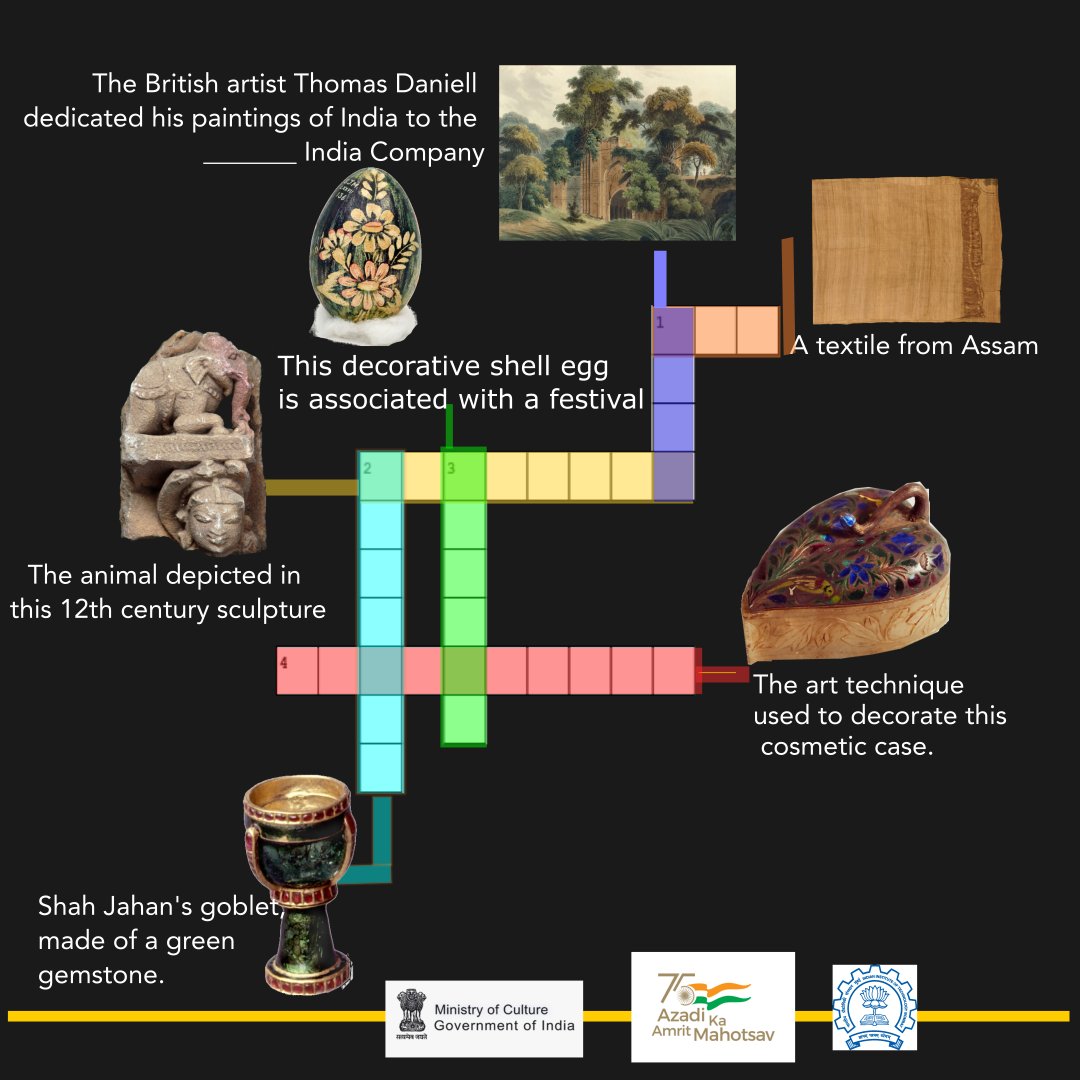 _IndianCulture's tweet photo. Today's #museum-themed crossword is #EverythingE! Use the colour-coded clues to fill the grid. #saturday #luxe #rare #archaeology #india #history #shareculture #museumday #puzzle #wordle #india @MinOfCultureGoI @NMnewdelhi @sjmhyd @IndianMuseumKol @AllahabadMuseum @victoriamemkol https://t.co/sEAWgaoQNj
