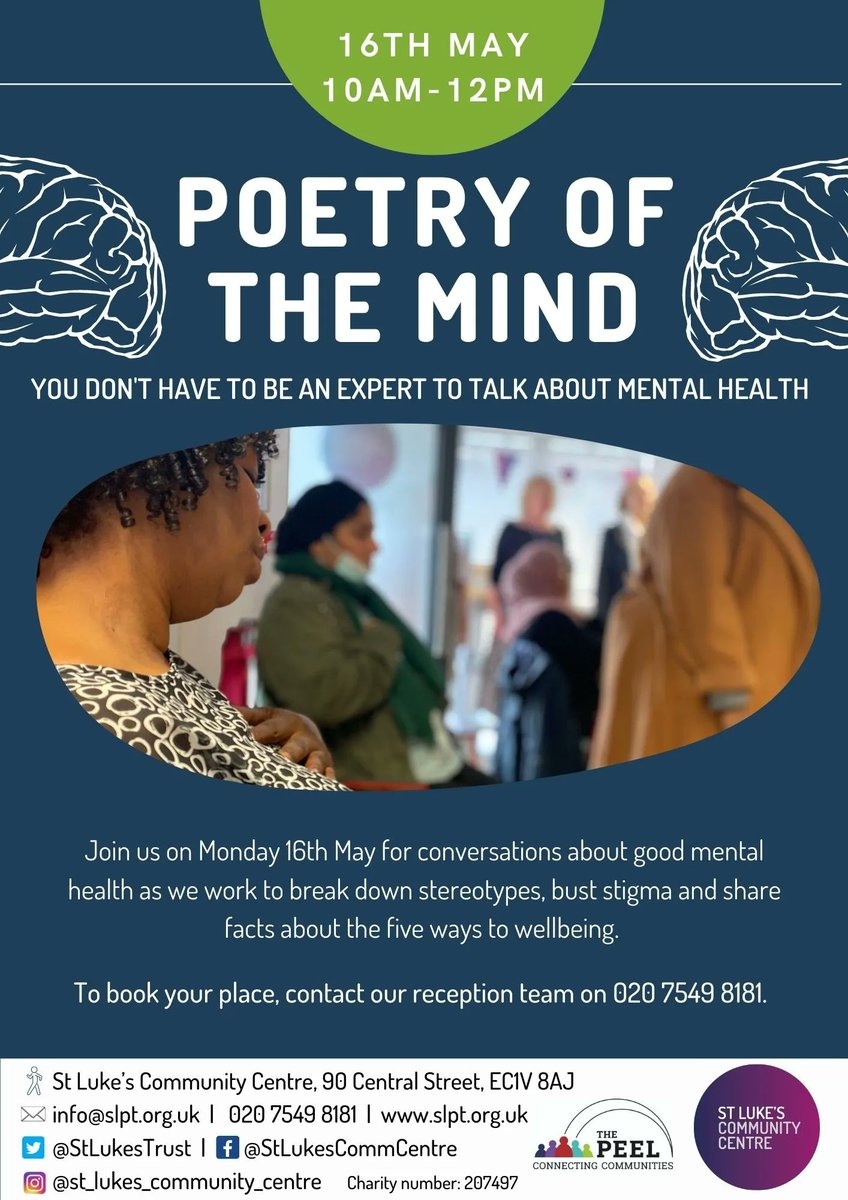 We have a #PoetryoftheMind session next Monday 18th May 10am-12 in our #WellbeingHub on Central Street. Open up conversations about mental health and wellbeing. Book now! #MentalHealthAwarenessWeek #MentalHealthMatters