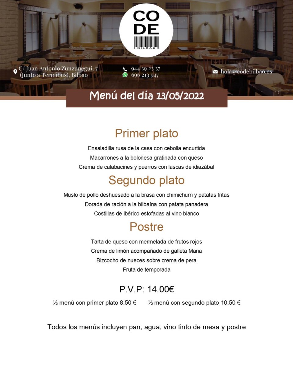 codebilbao's tweet photo. 🍴🥡Aquí tienes nuestro Menú del día🍽️ ¡Te esperamos!

📞 Llámanos 944 39 23 37
📲 Por Whatsapp 696 213 947
✉️Por email a pedidos@codebilbao.es
📌Restaurante: C/ Juan Antonio Zunzunegui, 7 Bilbao

#codebilbao #comerenbilbao #hosteleriasegura #salvemoslahoteleria https://t.co/vHKM0aodHz
